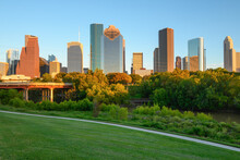 Houston Downtown Skyscrapers During Sunset. Buffalo Bayou Park. Texas, USA