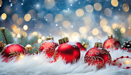 Christmas Decoration - Red Balls On White Fur With Defocused Lights and Abstract Snowy Background