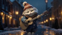 Enjoy The Enchanting Melodies Of A Cartoon Cat Musician On A Winter Evening, Playing Street Guitars To Set A Festive Mood In The Cold.