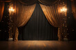 Theater stage with black curtains and spotlights.