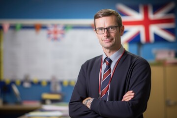 A Man Working as an English Teacher in a Classroom with a Blackboard Background - An Image Capturing the Commitment and Expertise of an Educator