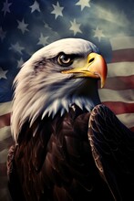 A Bald Eagle With An American Flag In The Background