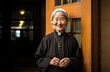 Old Asian woman standing next to large wooden door. Elderly catholic nun or sister. Generative AI