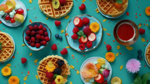 Overhead Shoot Of Breakfast With Fresh Hot Waffles Hearts, Flowers Pancakes With Fruits