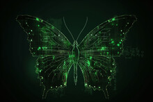 Digital, Green Butterfly Consisting Of Lines, Dots And Shapes. Light Connection Structure Using Frame Technology.