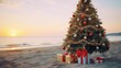  Beach Scene with Christmas Tree, Golden Gift, and Red Bow in the Sand