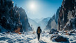 Daring hiker navigating frozen waterfall amidst snowy winter wilderness 