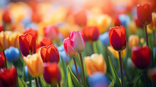 Multicolor Tulips In The Garden