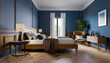 © Beste stock - Modern mid century and minimalist interior of Bedroom ,wood bed and bedside table with leather armchair on dark blue wall and wood floor