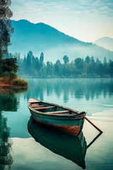 Naklejka na meble Rustic lake boat. Lake wallpaper. Lake water landscape. Generative AI