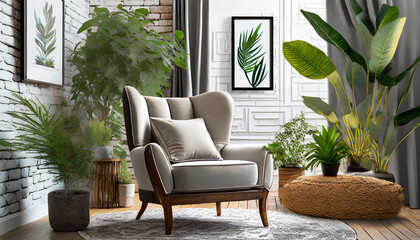 Canvas Print - comfortable armchair blanket houseplant and picture artwork trendy idea plant easy generate ai