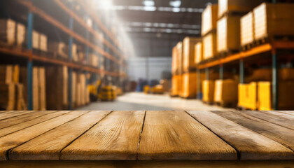 Sticker - empty wooden table and blurred warehouse background product display montage high quality photo