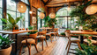 ai generated ai generative indoor interior cozy luxury retro wooden cafe coffee shop with plants graphic art