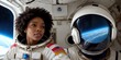 Afro woman astronaut in a space suit aboard the orbital station. A young female cosmonaut pilots a spaceship. Galactic travel and science concept. Banner