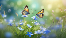 A Beautiful Summer Or Spring Meadow With Two Flying Butterflies And Blue Flowers Of Forget Me Nots Selective Focus Shallow Depth Of Field Illustration