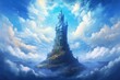 A tall tower symbolizing knowledge surrounded by blue clouds. Generative AI