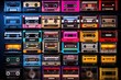Old audio tape compact cassette on black background. Collection of retro cassette. Vintage pattern. 80s and 90s funky colorful design