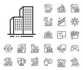 Wall Mural - City architecture sign. Floor plan, stairs and lounge room outline icons. Skyscraper buildings line icon. Town symbol. Skyscraper buildings line sign. House mortgage, sell building icon. Vector