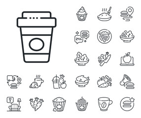 Wall Mural - Hot latte cup sign. Crepe, sweet popcorn and salad outline icons. Takeaway coffee line icon. Tea drink mug symbol. Takeaway coffee line sign. Pasta spaghetti, fresh juice icon. Supply chain. Vector