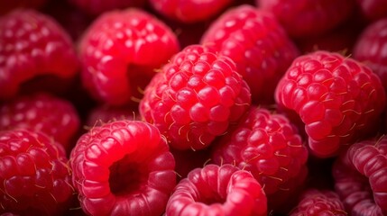 Wall Mural - A background composed of fresh, juicy, and ripe raspberries, captured in striking macro photography with a shallow depth of field.
