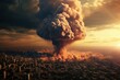 © Margarita Ratatosk - Nuclear explosion of atomic bomb in city. Town destroyed by atomic war. World war, last days of mankind. Environmental protection and the dangers of nuclear energy. End of world concept
