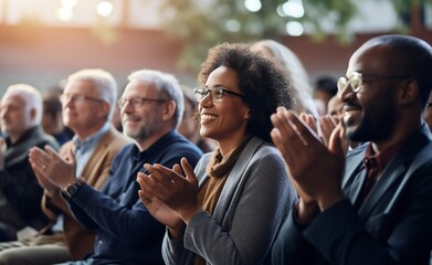 Global Applause: Diverse Audience Engaged in Amphitheater Panel. Generative ai