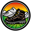 Colorful illustration of hiking boot and mountains during sunset or sunrise, hiking shoe vector logo