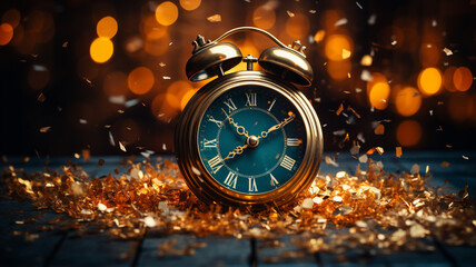 Wall Mural - new year concept with watch on a wooden background