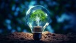 Tree with soil growing on Light bulb. Digital Convergence and and Technology Convergence. Blue light and network background. Green Computing, Green Technology, Green IT, csr, and IT ethics Concept. 