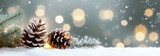Fototapeta  - christmas background with pine cones and snow sparkling lights.