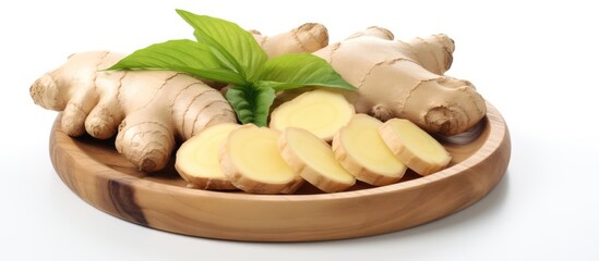 Poster - Ginger slices on wood plate with herbal medical theme