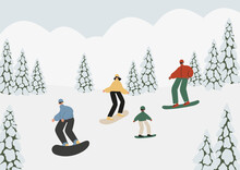 Winter Season Poster With People Skiing, Snowboarding, Ice Skating, Sledding, Winter Activities Printable Card, Mountain Resort Scene Wall Art Print, Flat Style Vector Illustration Clipart.