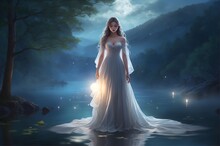 Woman In A Dress Staying On Water, Ai Generated