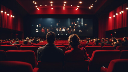 Female couple in movie cinema watching film premiere, rear view, generative ai illustration