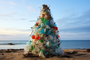 Christmas tree made of plastic trash on the beach. Waste generated during holiday season concept.