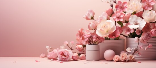 Canvas Print - AI generated image of a podium adorned with flowers on a pastel background representing beauty and cosmetic products for Valentines Day Easter Womens Day and Mothers Day