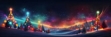 Christmas And New Year Abstract Festive Background With Winter Forest And Snowflakes. 3d Illustration.