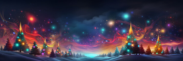 Wall Mural - Winter landscape with christmas trees, snow and fairy lights. Abstract christmas tree background header wallpaper.