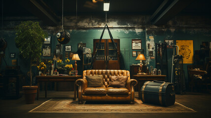 Poster - vintage retro interior with old fashioned chair.