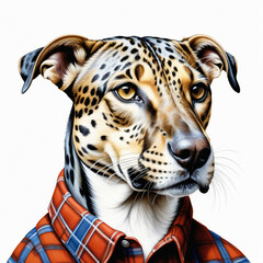 Wall Mural - portrait of a leopard dog hybrid with human clothes illustration , colored pencil drawing , isolated white background , 