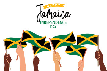 Jamaica Independence Day. Multiracial hands with Jamaica flags. Jamaica Independence Day banner. Illustration, poster, vector