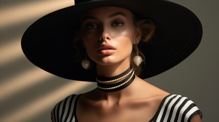 Portrait of an attractive woman in a striped wide-brimmed hat. Fashion, style and beauty.