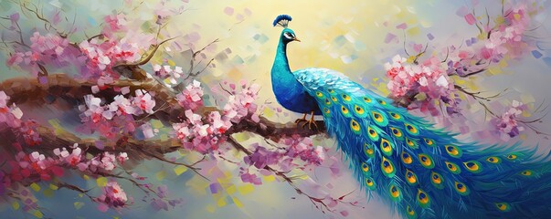 Wall Mural - painting style illustration of peacock in flower garden, Generative Ai