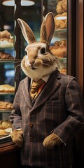 Poster - A rabbit in a suit standing in front of a display case. Generative AI.