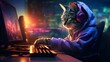 A gamer cat with headphones, inside his gamer setup plays video games on a gamer PC.
