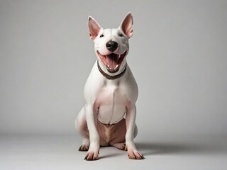 Perro Bull terrier, sentado, mirando al frente sobre fondo blanco 