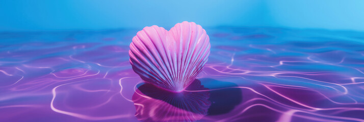 heart shaped seashell floating in neon water