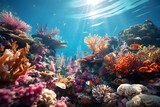 Fototapeta Do akwarium - Underwater with colorful sea life fishes and plant at seabed background, Colorful Coral reef landscape in the deep of ocean. Marine life concept, Underwater world scene