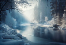 Partially Frozen Lake Flows Through A Forest, Snow-covered Trees And Ground. Serene Winter Scene With A Frozen Lake. Misty Winter Morning In The Mountains. Snow Icy Nature Landscape. 