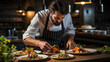 © Milan - A skilled chef in a restaurant kitchen, meticulously plating a gourmet dish with artistic precision